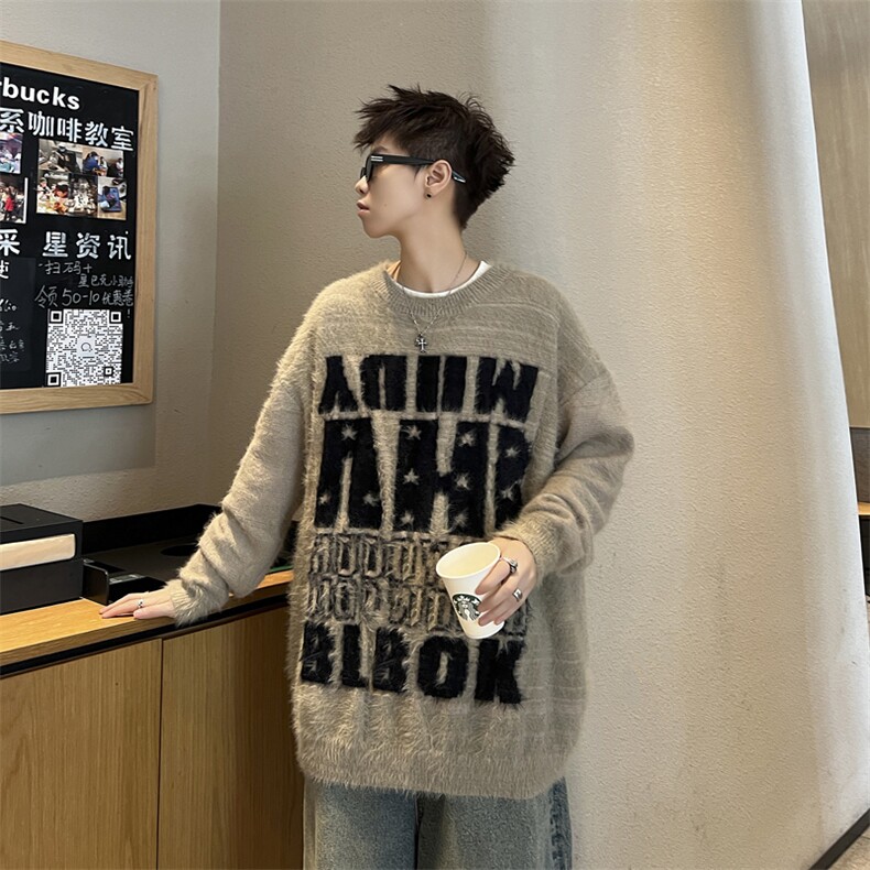 美式复古字母仿貂毛慵懒毛衣男女同款休闲宽松情侣针织衫,男装针织衫/毛衣,星座410-6（原星座1304-1）