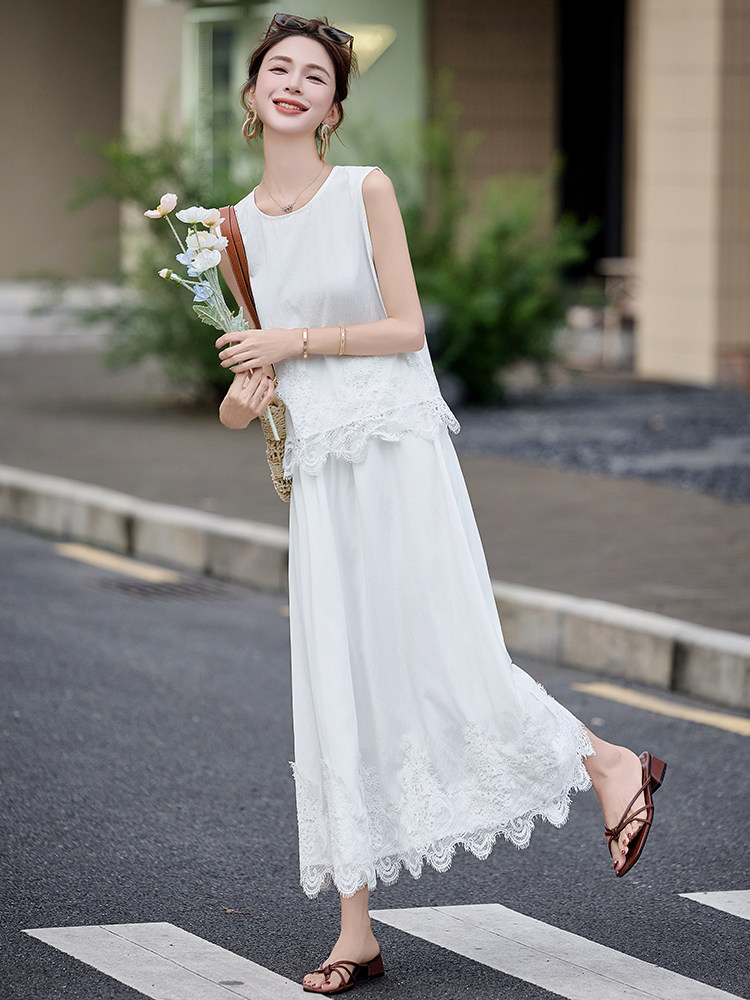 套装裙2025夏日新款绝美独特漂亮韩里韩气小香风蕾丝无袖两件套女,女装套装/套裙,韩蜜菓