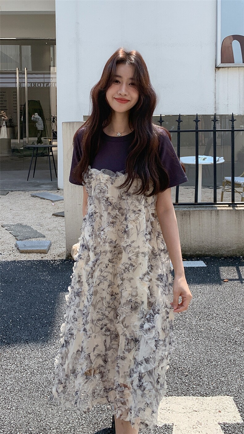 大版可穿200斤拼接假两件短袖连衣A字裙2C275-5522-P135-K228,女装连衣裙,2C275
