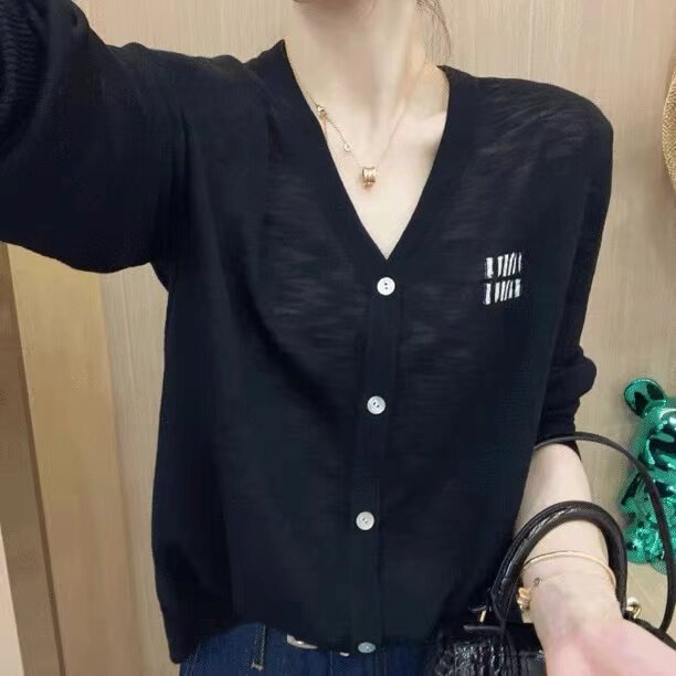 春季超薄精纺羊毛开衫女v领拼色字母刺绣上衣宽松针织衫外搭长袖,针织衫/毛衣,鑫之绒