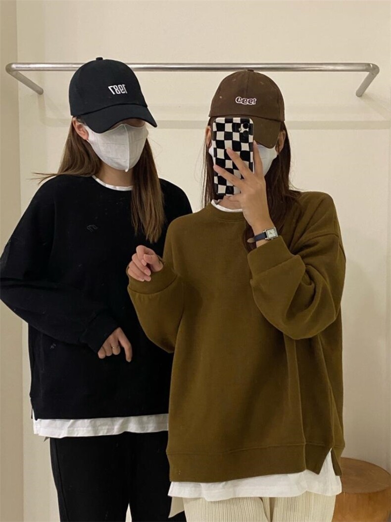 冬季新款加厚版假两件卫衣，女装卫衣/绒衫，唇蔻