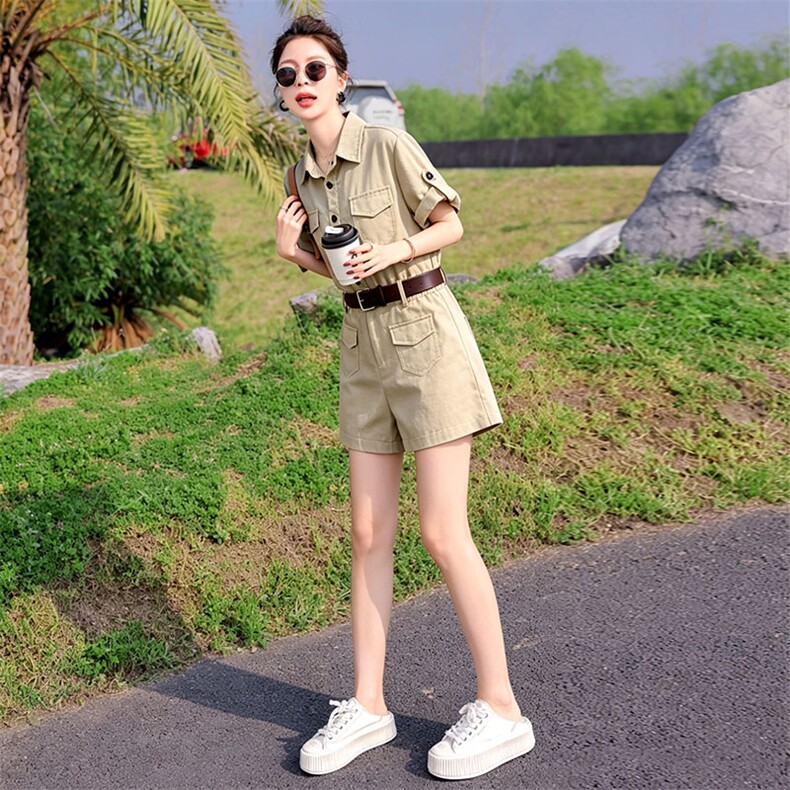 （新款现货）2026夏装时尚莱赛尔天丝棉麻工装连体短裤（配腰带）,女装连体裤,印象茜
