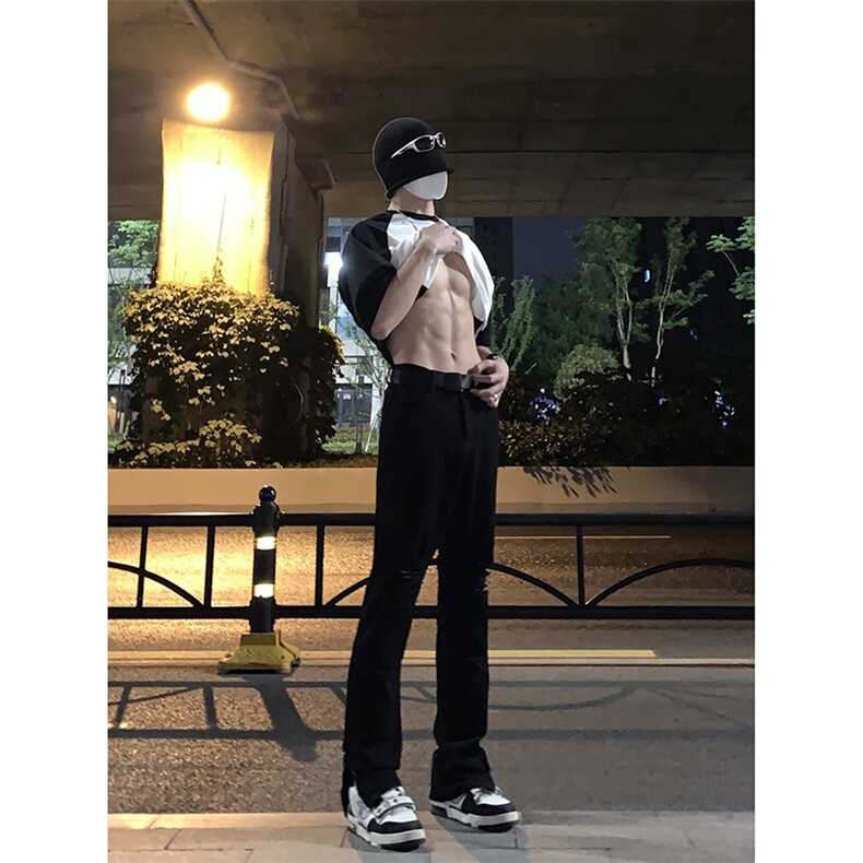 B221美式ins高街暗黑拉链小脚弹力破洞牛仔裤LK23060-P65控88,男装牛仔裤,电商B221