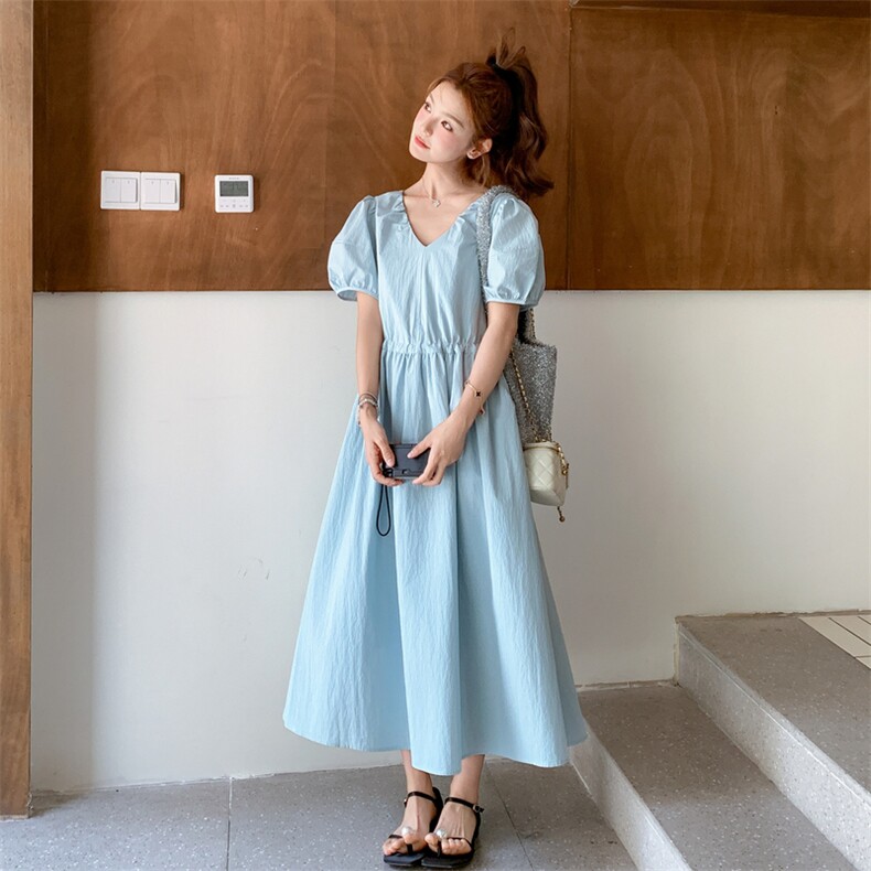 蓝色简单大方的连衣裙女夏季2025新款法式气质少女泡泡袖公主裙子,女装连衣裙,2C159