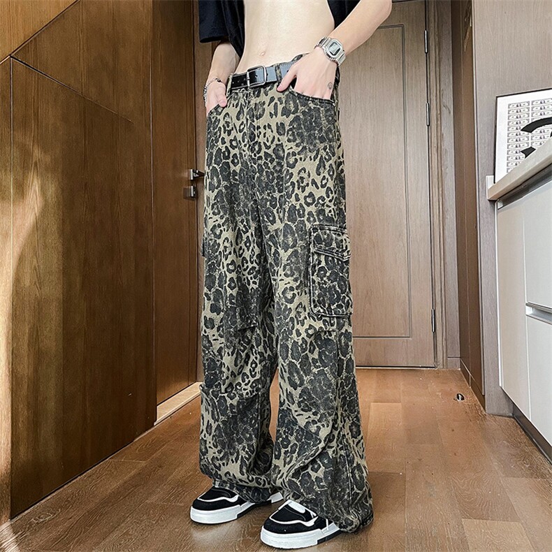 夏款男牛仔裤豹纹工装大口袋织带直筒长裤NK0933P65,男装牛仔裤,星座1013-1