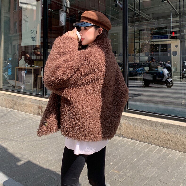 韩系气质短款皮毛一体棉服女2025冬季新款显瘦保暖加厚羊羔毛外套,女装皮草,2C316