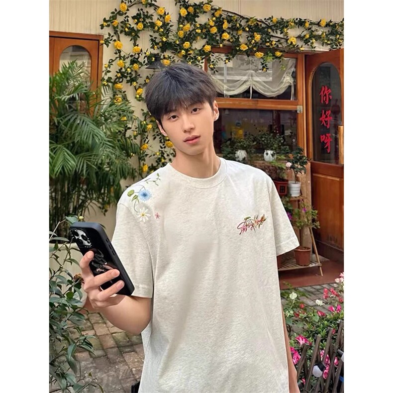 万针全刺绣工艺抖音得物高品质260克重磅纯棉双纱美式高街短袖T恤,男装T恤,电商A486-1
