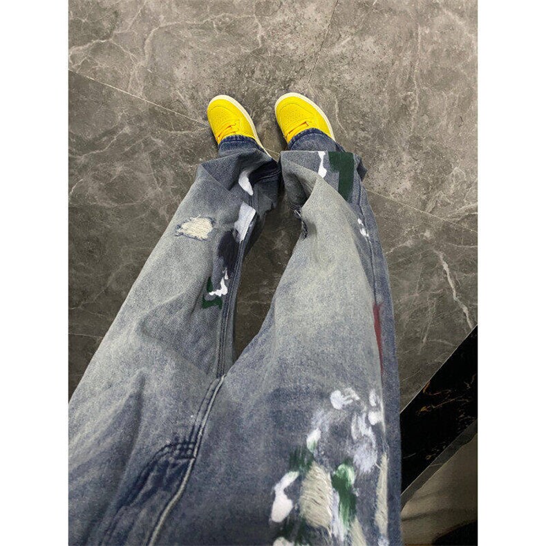 设计感炸街破洞阔腿宽松直筒牛仔裤男女老爹长裤泼墨L80455-P45，男装牛仔裤，星座1008