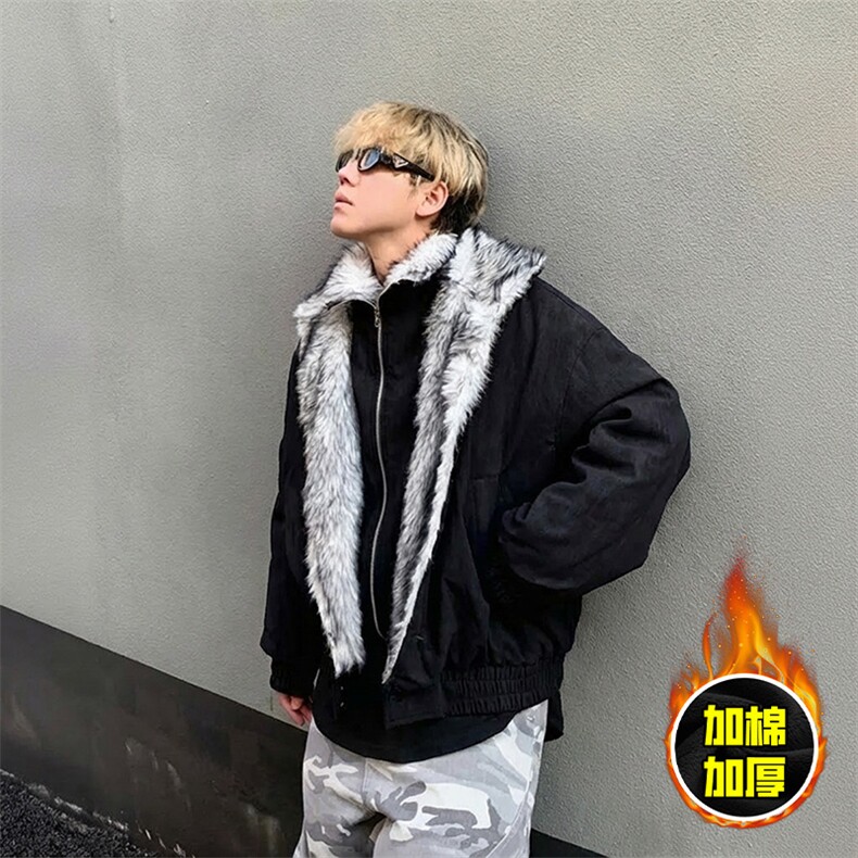 现货高品质美式高街重磅狼王座山雕毛毛领假两件棉衣加厚棉服外套，男装棉衣，电商A486-1