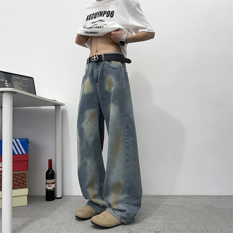 美式高街慵懒宽松裤子男设计感高级感废土风泼墨牛仔裤N708-P50图片