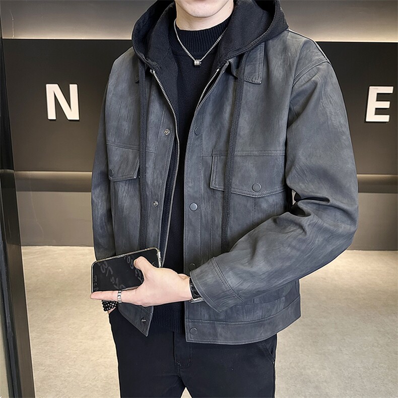 连帽假两件可拆卸男装皮衣高级感皮夹克外套男C317-6661-P160图片