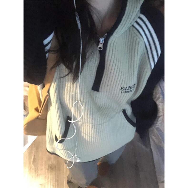 潮牌撞色插肩长袖连帽毛衣男女秋冬半开拉链针织衫外套 M369图片