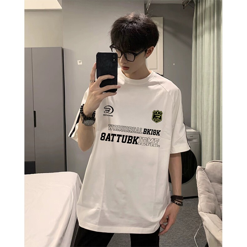 抖音得物高品质二开240克宽松纯棉美式潮牌三条杠织带短袖T恤，男装T恤，电商A486-1