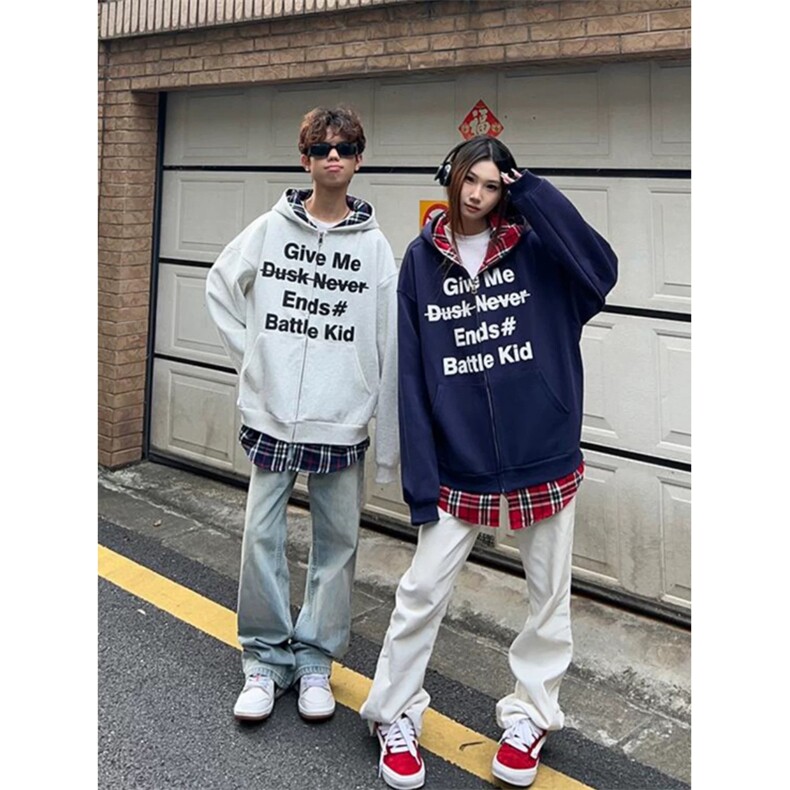 网图有货美式复古假两件格子拼接连帽开衫卫衣男女A840-P50,男装卫衣,星座1505