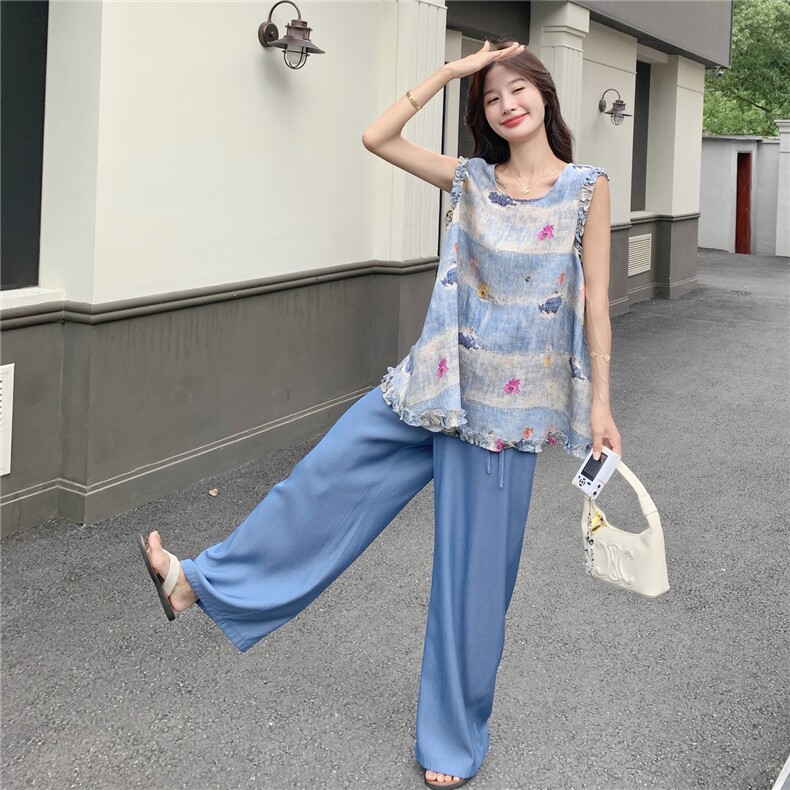 无袖背心时尚套装女阔腿裤2025夏季新款超火绣花巨好看的两件套,女装套装/套裙,2C232