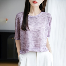 圆领简约彩纱针织衫正肩短袖T恤女2025夏季休闲薄款半袖小衫上衣，女装针织衫/毛衣，郡淞羊绒