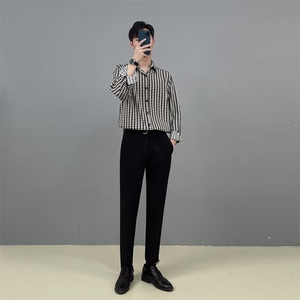 C167-P28韩版条纹格子长袖衬衫男韩版修身潮流帅气商务休闲