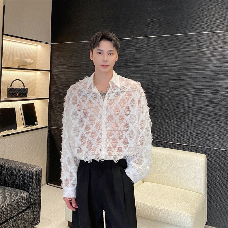 春季新款方领镂空长袖衬衣个性花瓣设计感衬衫男A345-507-P75,男装衬衫,电商A345