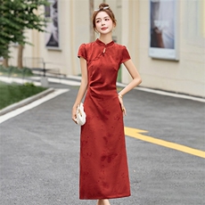 红色提花改良旗袍连衣裙女夏2025新款喜婆婆婚宴气质修身高端裙子，女装连衣裙，依如秀(原杭风阁)