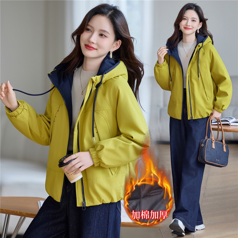 现货!2025年冬季时尚夹棉加厚连帽撞色女外套,女装棉衣/棉服,依恋蒂丝