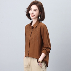 亚麻长袖衬衫女2024年春秋新款大码宽松中年妈妈薄款休闲刺绣衬衣，女装衬衫，独衣靓