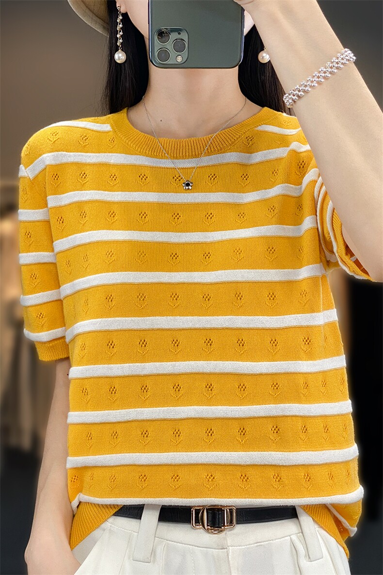 时尚显瘦条纹短袖针织衫宽松百搭圆领上衣舒适柔软面料,针织衫/毛衣,郡淞羊绒