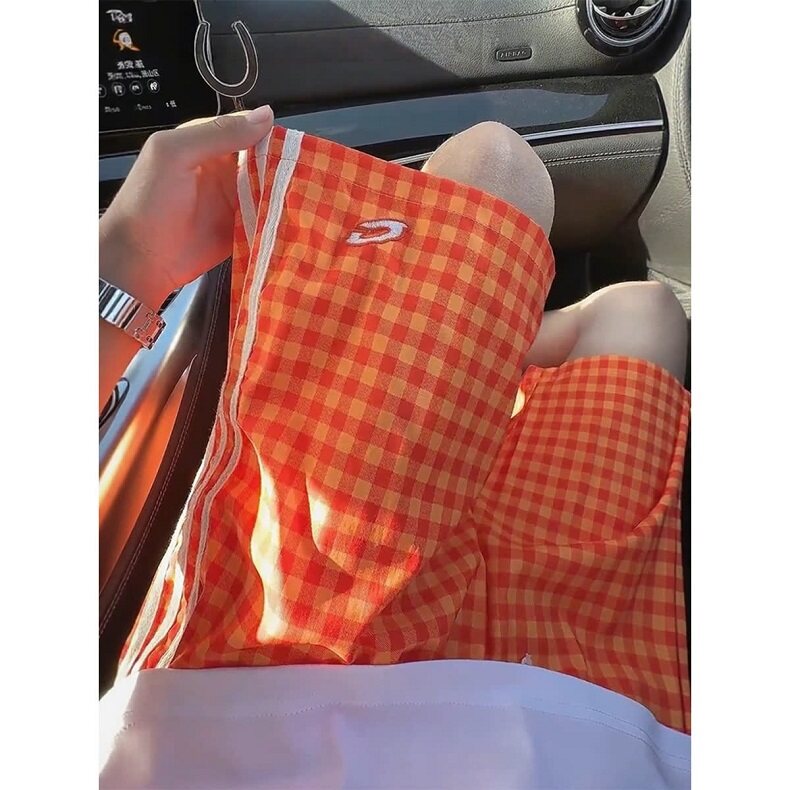 多巴胺橙色格子抽绳刺绣短裤男女夏季简约休闲宽松三分裤KZ71,男装牛仔裤,星座1116A（原606A-3）