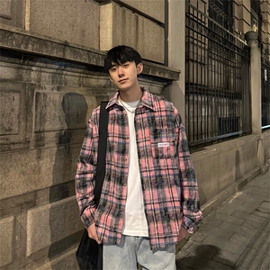 有货（自家图）扎染格子衬衫宽松潮牌痞帅格纹外套CS002-批55控68图片