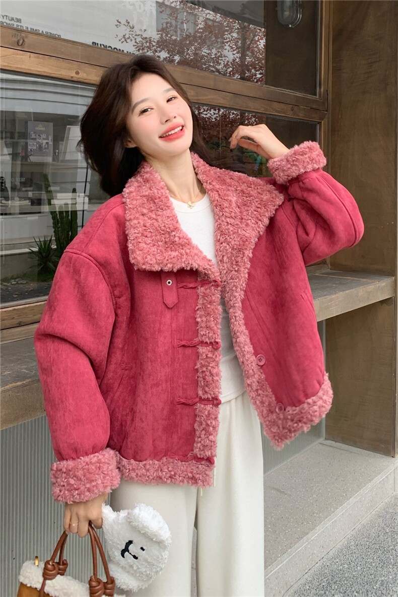 现货火龙果色加厚羊羔毛外套2C117-1828P215K318,女装短外套,2C117