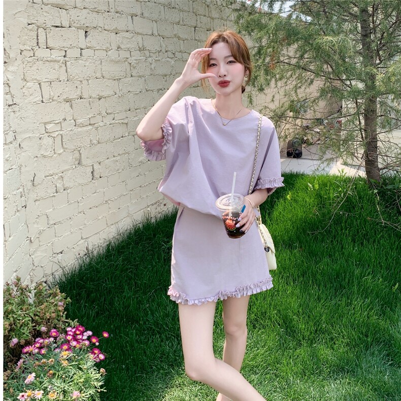 韩系高级感夏季套装女2025新款木耳边拼接收腰短袖上衣半身裙套装图片