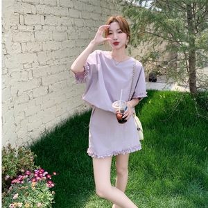 韩系高级感夏季套装女2025新款木耳边拼接收腰短袖上衣半身裙套装图片