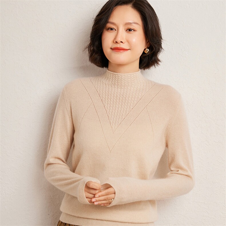 秋冬季35%羊绒65%羊毛休闲百搭12针麻花半高领羊绒衫，女装羊绒衫，广悦羊绒