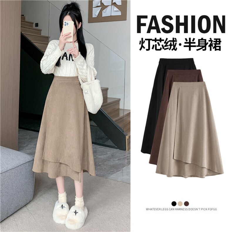 灯芯绒半身裙女秋冬2024新款复古显瘦中长款遮胯大摆A字裙子，女装半身裙，梦白服饰厂