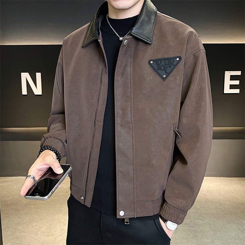25889-M-4XL-P145店主风秋季翻领欧货高品质拼色贴标男士皮衣外套,男装皮衣,电商B255