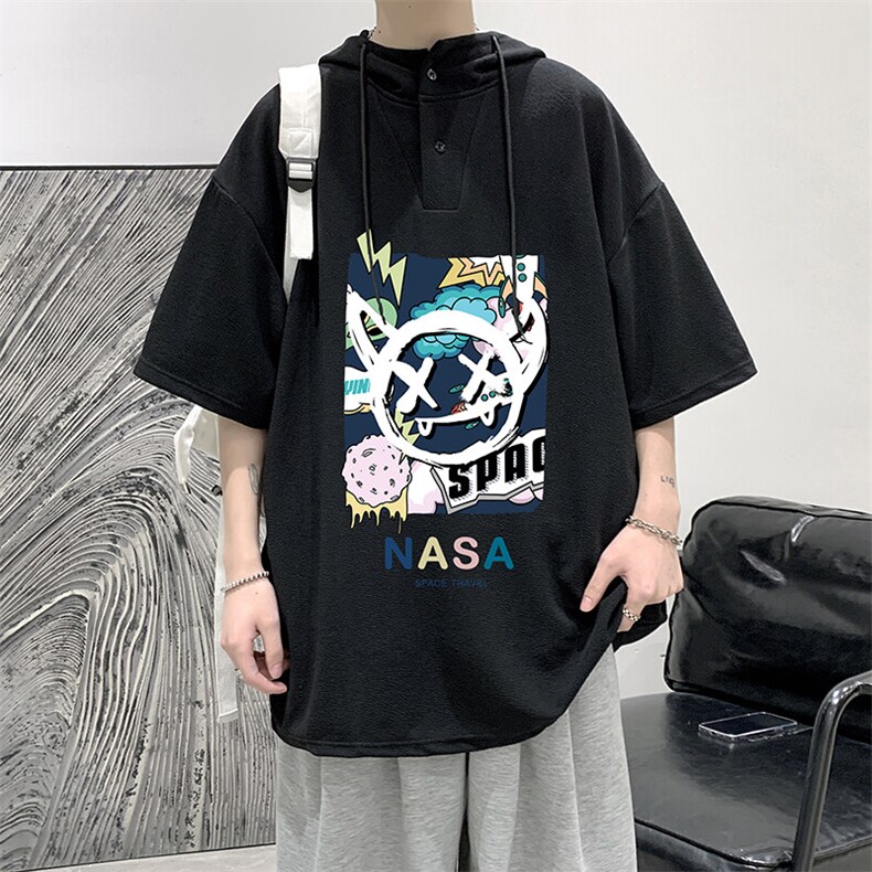 LD54275-P45NASA连帽短袖t恤男大码胖子带帽五分袖中袖,男装T恤,电商A040