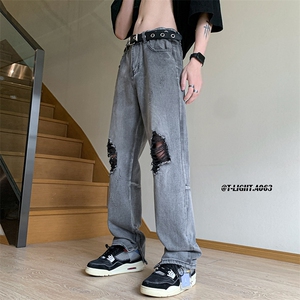 美式高街拉链ins直筒破洞牛仔裤货号K753P60图片