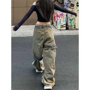 美式街头重工水洗破洞假两件牛仔裤女设计感宽松垂感裤WLN947-P60图片