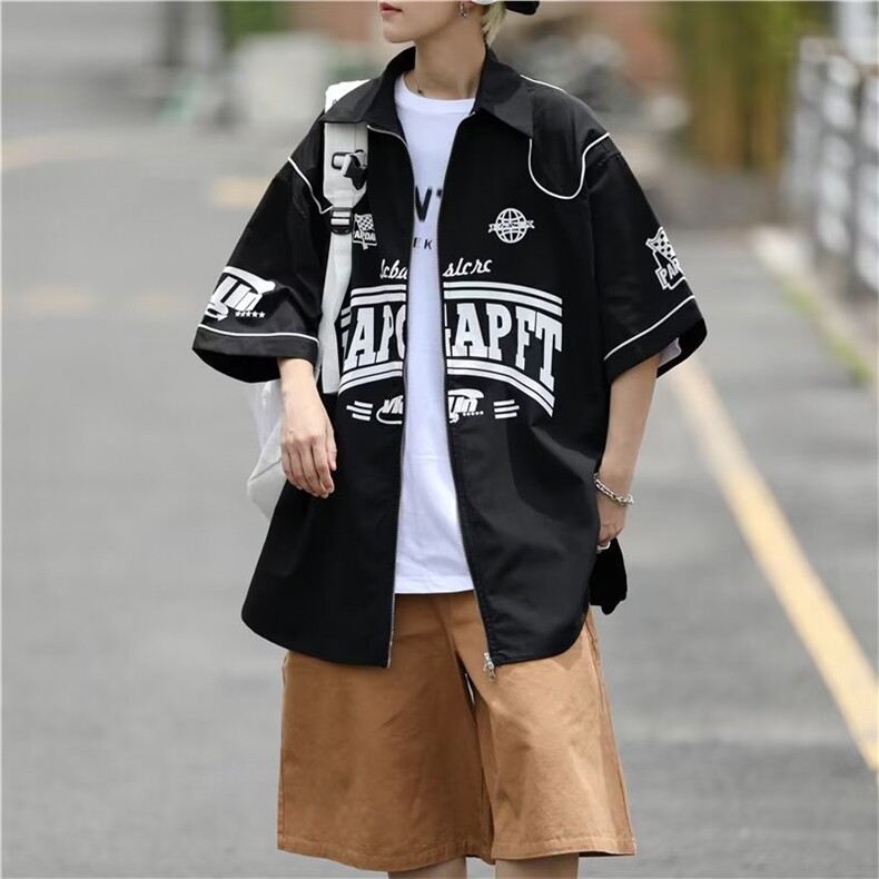 夏季休闲机车风短袖拉链青少年男女衬衫小众高街宽松工装衬衣潮,男装衬衫,星座1210-1