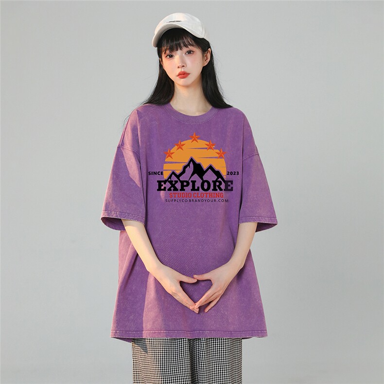 230G水洗做旧蜡染夏季短袖潮流雪山印花T恤2024新款夏装女装,男装T恤,电商C306-1
