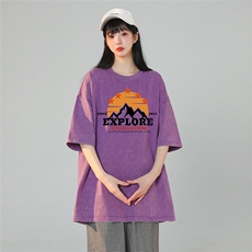 230G水洗做旧蜡染夏季短袖潮流雪山印花T恤2024新款夏装女装，男装T恤，电商C306-1