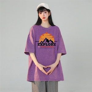 230G 水洗做旧蜡染夏季短袖潮流雪山印花T恤2024新款夏装 女装图片