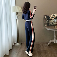 女秋冬撞色开衫外套高腰阔腿裤两件套，女装套装/套裙，江南