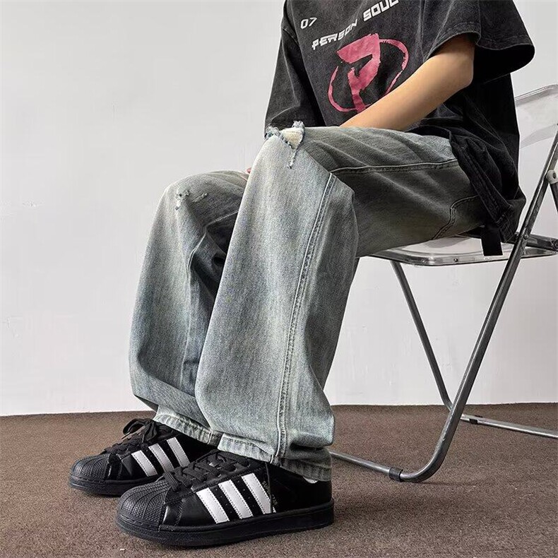 耐磨中腰常规青少年拉链牛仔布薄款复古水洗直筒宽松高街长裤日常,男装牛仔裤,星座506A