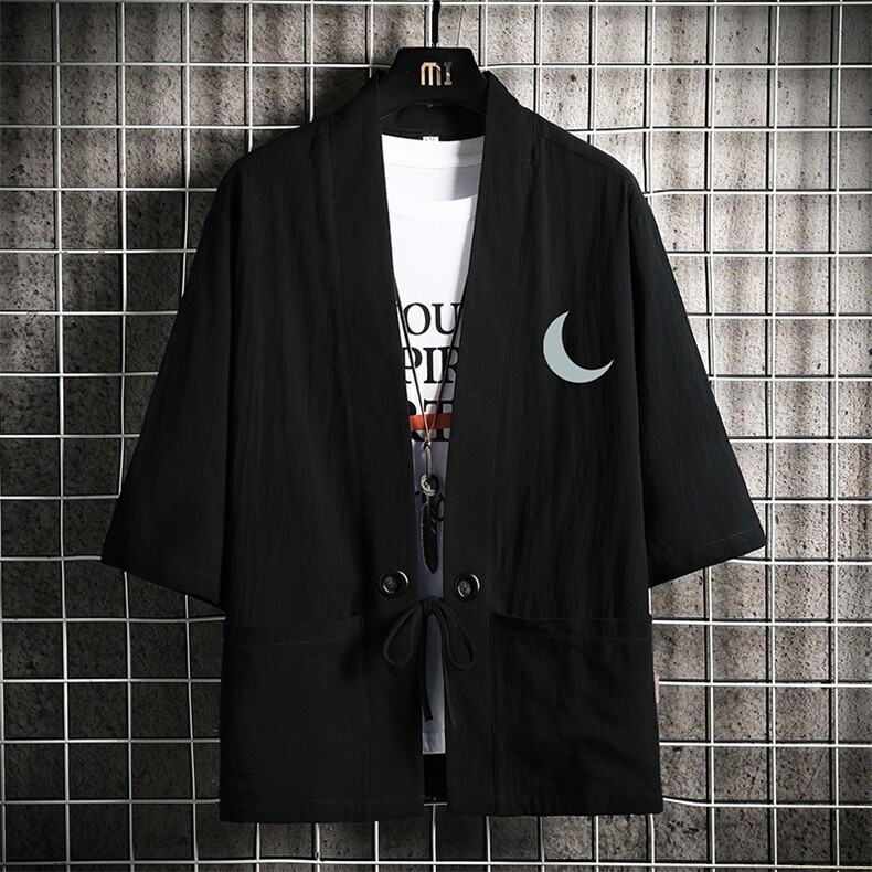 HF59055-P40风汉服男开衫外套七分袖道袍网格挂拍,男装民族服装,电商A040A
