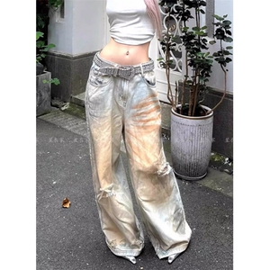 新款复古做旧水洗破洞牛仔裤男女秋季新款宽松拖地裤潮LA4800-P52图片
