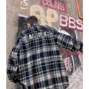 毛边格子衬衫外套男春秋翻领刺绣夹克潮牌学生痞帅炸街上衣服图片
