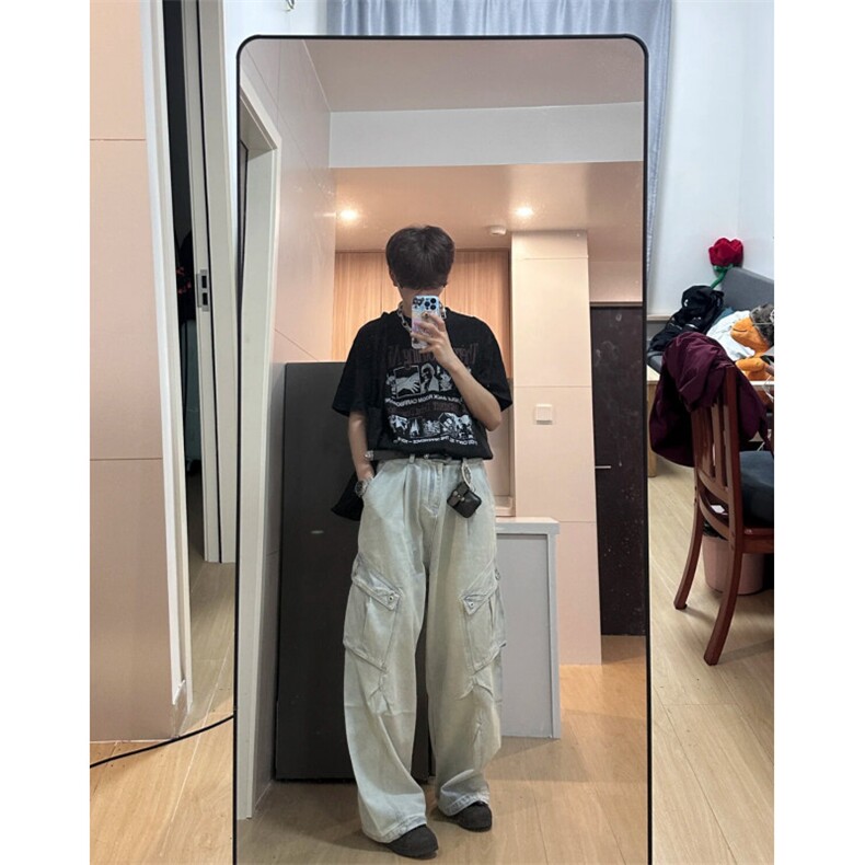 工装牛仔裤男女浅蓝色高街百搭大口袋2025春季ins长裤RK2542-P59,男装牛仔裤,星座412-1