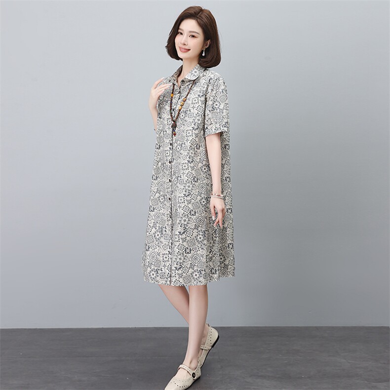 纯棉印花连衣裙女夏2025新款宽松大码中年妈妈遮肚子显瘦衬衫裙子,女装连衣裙,依恋蒂丝