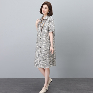 纯棉印花连衣裙女夏2025新款宽松大码中年妈妈遮肚子显瘦衬衫裙子图片