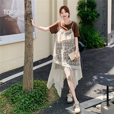蕾丝吊带连衣裙叠穿T恤裙套装女夏季休闲减龄气质两件套，女装套装/套裙，2C166